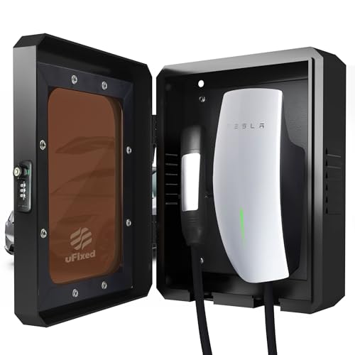 Ufixed Outdoor EV Charger Enclosure with Lock Weatherproof Metal Wall Box for Tesla Wall Connector and ChargePoint Charger Visible Window Easy Installation Black