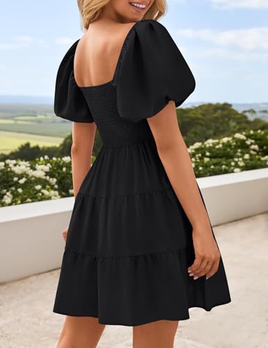 Image of ZESICA Women's Boho 2026 Summer Square Neck Puff Sleeve Off Shoulder Smocked Tiered Casual A Line Short Mini Dress