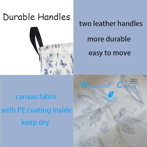 Image of 62L Blue Floral Butterfly Waterproof Laundry Hamper with Durable Leather Handle,Kids Collapsible Storage Basket for Nursery,Playroom, Bedroom(Indigo Flowers）