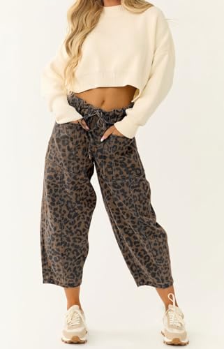 loveimgs Women Loose Leopard Print Cropped Denim Pants Barrel Jeans Elastic Waist Cheetah Wide Leg Harem Pants2