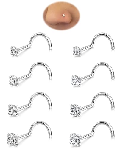 Nose Rings Studs Set for Women Men: 8Pcs 18G 316L Surgical Stainless Steel Silver Nose Studs Hypoallergenic Corkscrew Nose Piercing Jewelry with Clear Cubic Zirconia Small Stud 1.5mm 2mm 2.5mm 3mm