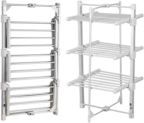 GlamHaus Electric Heated Clothes Airer Dryer Rack Aluminium with Cover Indoor - Folds Flat for Easy Storage - 3 Tier Design - Only 220W