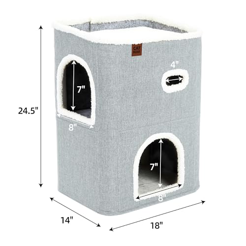 CATBOAT 2-Storey Cat House for Indoor Cats Bed, Covered Beds & Furniture with Scratch Pad and Hideaway Cave, Cute Modern Condo for Multi Small Pet Large Kitten Kitty, Light Grey - Thumbnail 4