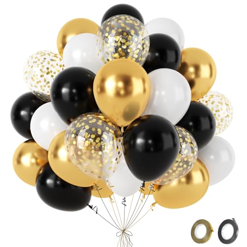 Fairymaiden Ballons Noir et Or- 60 Pièces Doré Noir Blanc Ballon Avec Confettis Helium Ballons, Ballon D'or Pour Anniversaire Mariage Gender Reveal Remise De...