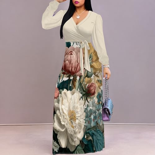 Image of Women's Plus Size Maxi Dresses Long Sleeves V Neck Floral Print Bohemian Swing Long Dress with Belt