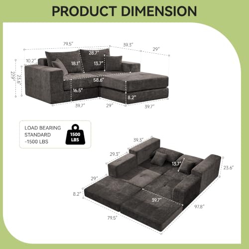 Image of 79 inch Boneless Cloud Loveseat Sofa Couch, Modular Tufted Foldable Floor Sofa with Ottoman, Chenille Lounge Convertible Sofa Bed for Living Room, No Assembly, Brown