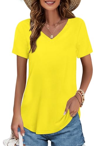 Image of Elesomo Womens T Shirts V Neck Summer Short /Long Sleeve Cotton Tops Tees