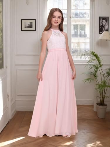 Chiffon Lace Applique Junior Bridesmaid Flower Girl Dress for Wedding A-Line Halter Long Party Prom Gowns2