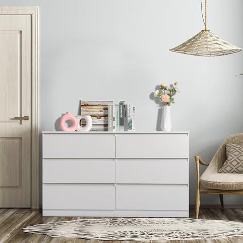 Karl home White 6 Drawer Dresser - Modern Chest of Drawers for Bedroom, Wood Dressers with Deep Drawers, Cut-Out Handles, Anti-Tipping Device, Living Room, Hallway, Entryway - 55-Inch - Thumbnail 5