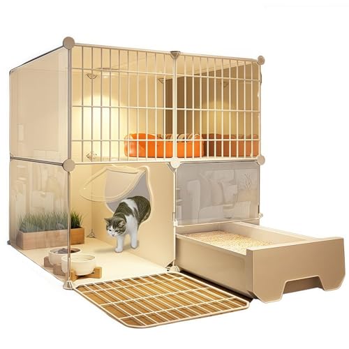 YFFYトイレ付き猫ケージ、幅広、スリム、一体型、組み立て簡単、DIY組み立て、通気性良好、脱走防止、お手入れ簡単、取り外し可能、スタイリッシュ、猫、小型犬に最適 (+猫用ボウル + 巣 + ハンモック,75*49*73cm)