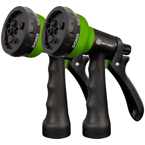 Image of AUTOMAN-Garden-Hose-Nozzle, 2 Pack ABS Water Spray Nozzle with Heavy Duty 7 Adjustable Watering Patterns,Slip Resistant for Watering Plants,Lawn& Garden,Washing Cars,Cleaning,Showering Pets - Green