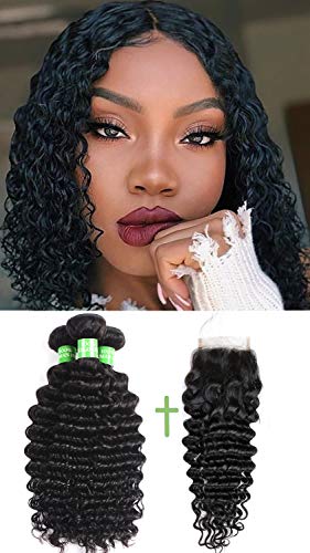 beauty youth Brazilian Deep Wave Human Hair 3 bundles with Closure(12 14 16 + 12) Unprocessed Deep Curly Hair Weave Bundles with Lace Closure Free Part Deep Wave Hair Wet and Wavy