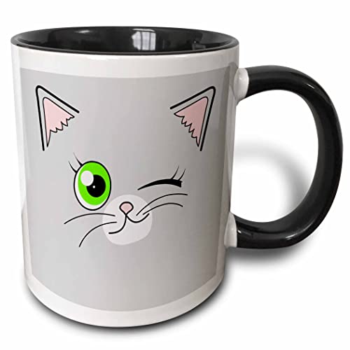 3dRose Cute Winking Cat Grey with Green Eyes 15oz Two-Tone Black Mug