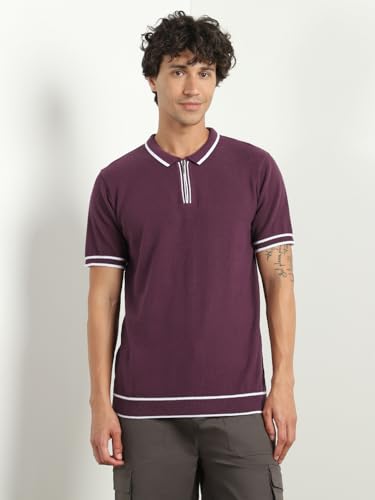 Image of NOBERO Men's Textured Polo Shirt, 100% Cotton Flat Knit, Regular Fit, Vibrant Hues, Classic Polo Collar, Soft & Breathable Casual Wear