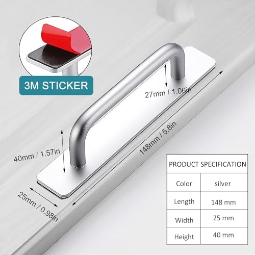Image of Adhesive Cabinet Handles, Self-Stick Instant Cabinet Handles Alloy No Drilling Push Pull Handles Helper for Kitchen Cabinet Drawer Window Sliding Closet (Silver, 2 Pcs)