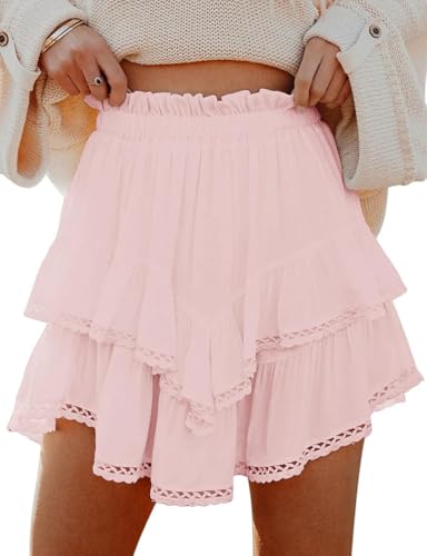 IDEALSANXUN Flowy Shorts for Women 2025 Spring Summer Tiered Skorts Elastic High Waist Ruffle Golf Tennis Beach Mini Skirt, Pink, M