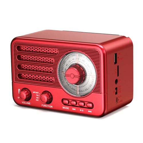 Radio de transistores Retro Radio Am FM SW con Pilas, pequeña portátil Recargable con batería de Iones de Litio de 1800 mAh, Compatible con Tarjeta TF/Aux/Reproductor de MP3 USB (Rojo)