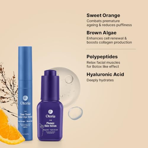 Image of OTERIA Time Travel Under Eye Serum (15ml) and Plumpy Skin Serum (30ml) Combo for Women and Men | For Wrinkles Dark Circles Anti Ageing | Pigmentation & Under Eye Puffiness Removal (Pack of 2)