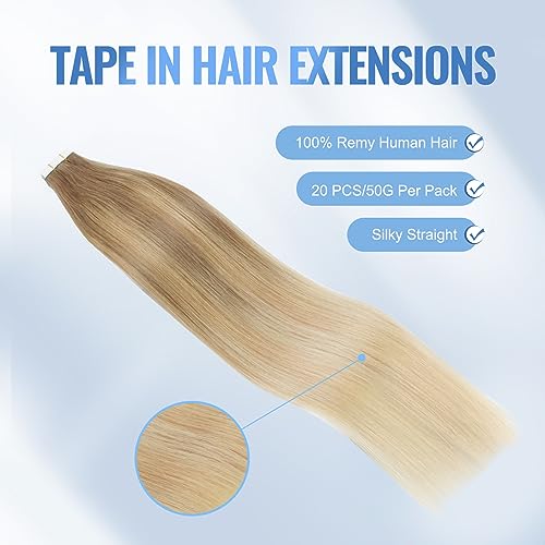 Image of Sixstarhair Invisible Tape In Hair Extensions Real Human Hair Ash Brown Fading into Ash Blonde Remy Tape Hair Extensions for Woman 20 Pieces 50g [Color #B8-18-60 22 inch]