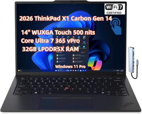 Image of 2026 NewLenovo ThinkPad X1 Carbon Gen 14 Aura Edition Laptop,14 inch WUXGA 500nits Touch, Copilot+ PC AI-driven Core Ultra 7 365 vPro, 32GB LPDDR5X RAM 1TB SSD, Haptic Touchpad Win11 Pro w /USB-C Hub