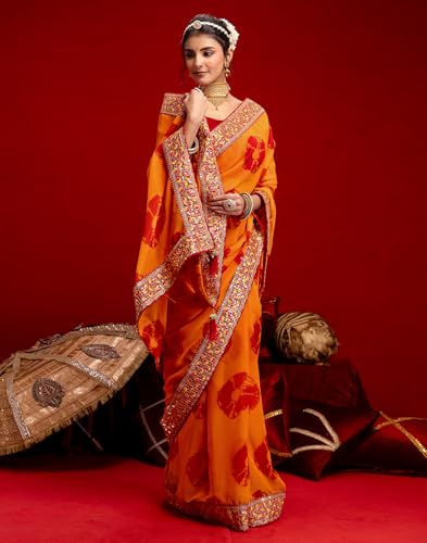 Image of SIRIL Women's Georgette Bandhani Printed Embroidery Lace Saree With Unstitched Blouse Piece