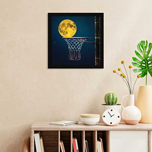 Image of PUJA JITESH ART Full Moon Over Bamboo Basket Ball Net Wall Painting For Home Decoration|Serene Floral Moonlight Decor|13 X13 Inches