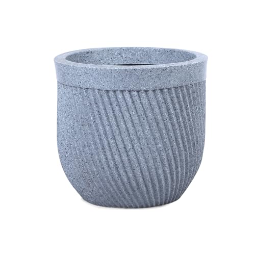 Image of Bonkaso 12 Inch Seltos Ribbed Planter for Indoor & Outdoor Use | Round Heavy Duty Polymer Flower Pot | Lightweight Weather Resistant Modern Gamla for Living Room Balcony & Terrace (Light Grey)