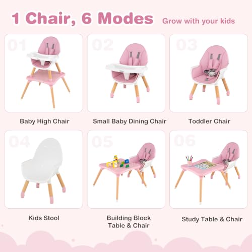 Image of BABY JOY 6 in 1 High Chair, Convertible High Chairs for Babies and Toddlers /Booster Seat /Table and Chair Set, Infant Wooden Highchair w / 5-Point Harness, 4-Position Removable Tray & PU Cushion (Pink)