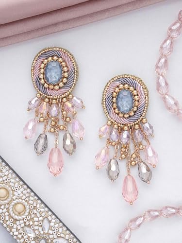 Image of SANJOYA by EVERSTYLISH Embroidered Earrings for Women | Pastel Stone & Beaded Dangler Earrings | Ethnic Jewelry for Weddings, Festivals & Special Occasions