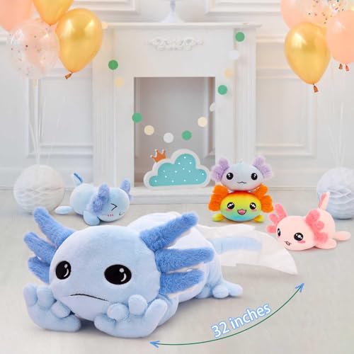 Image of MaoGoLan 5 Pcs Axolotl Stuffed Animal with 4 Babies, 31.5 inch, Blue | Glow in The Dark Axolotl Plush Pillow for Girl Boy Kid, Soft Long Salamander Plushies for Birthday Gift Baby Shower Decor,