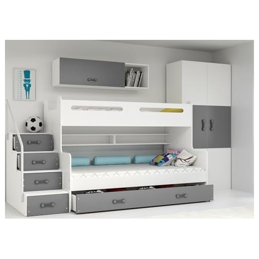 Interbeds letto a soppalco, letto castello con scaletta e spazio contenitore, letto contenitore per bambini e ragazzi. (Grafite)