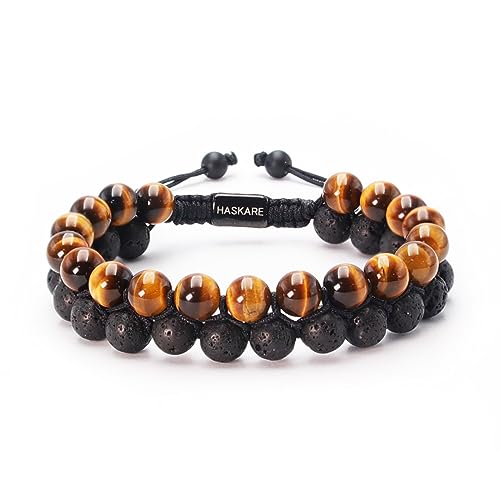 HASKARE Tigers Eye Crystal Bracelets for Men, Energy Beads Bracelet Real Tigers Eye Lava Rock Gemstone, Handmade Protection Crystal Bracelet Mens Bracelets Father Christmas Gift for Men Anxiety Relax