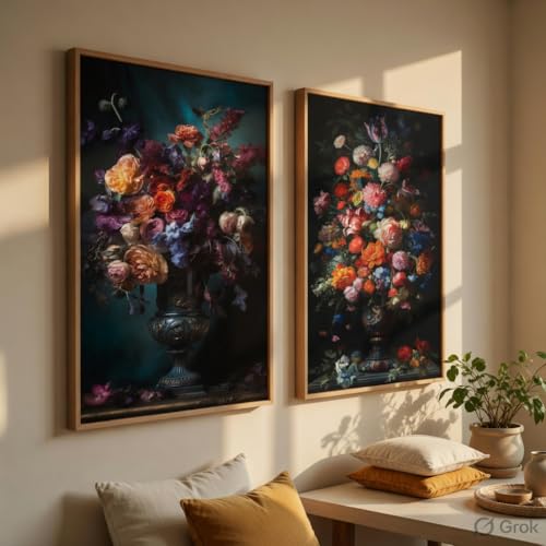 Image of Livin'luxe Vintage Floral Vase Wall Painting Set of 2 with Wooden Frames | Classic Flower Bouquet Artwork HD Sparkle Laminated MDF Wall Decor | Elegant Botanical Wall Art for Living Room Bedroom