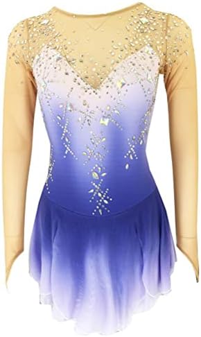 Girls' Figure Skating Dress Gradient Professional Ice Skating Competition Costume Roller Skating Clothing Leotards,Blue,XXL