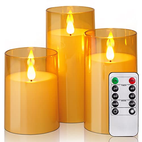 Amagic Gold Acrylic Flameless Candles Battery Operated, Flickering Led Pillar Candles With Remote Control And Timer, 3D Wick, Set Of 3 #TOP18