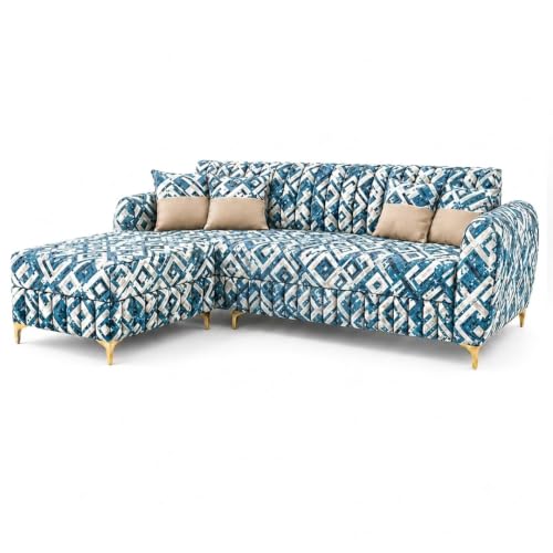 Image of CASASTYLE Signature Velour 4-Seater L-Shape Sofa Set with Movable Ottoman | Flexible LHS /RHS Layout | Tapestry Fabric | 40D Foam + Zigzag Spring | 3-Yr Warranty (Lagoon Mosaic Blue)