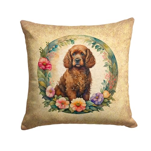 Caroline's Treasures DAC2155PW1818 Irish Water Spaniel and Flowers Fabric Decorative Pillow Machine Washable, Indoor Outdoor Decorative Pillow for Couch, Bed or Patio, 18Hx18W