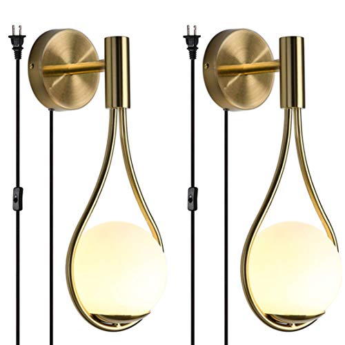 BOKT Modern Glass Wall Lamp Gold Wall Mounted Sconces,Mid-Century Bedroom Bedsides Water Drop Wall Light Home Decoration (Plug in-2Pack)