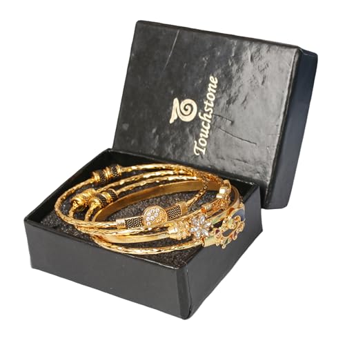 Image of Touchstone Indian Bollywood Handcrafted Engraved Etched Floral Round Rhinestones Cubic Zirconia CZ Designer Jewelry Openable Elegant Gold Plated Bracelets Combos for Women