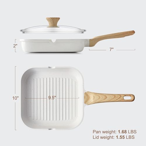 Image of SENSARTE Nonstick Ceramic Grill Pan with Lid, Versatile Square Grilling Pan with Pour Spouts, Durable Grill Skillet for All Stoves(Gas,Electric,Induction) Non Toxic-PTFE,PFAS,PFOA Free, 9.5 Inch