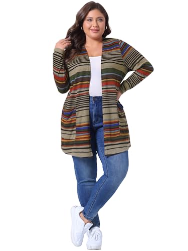 Image of Agnes Orinda Plus Size Cardigan for Women Open Front Long Sleeve Contrast Color Stripe with Pocket Cardigans