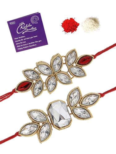 Image of Sukkhi Elegant Kundan Designer Gold Plated Premium Rakhi for Brother, Roli Chawal & Greeting Card | Combo-Set of 2