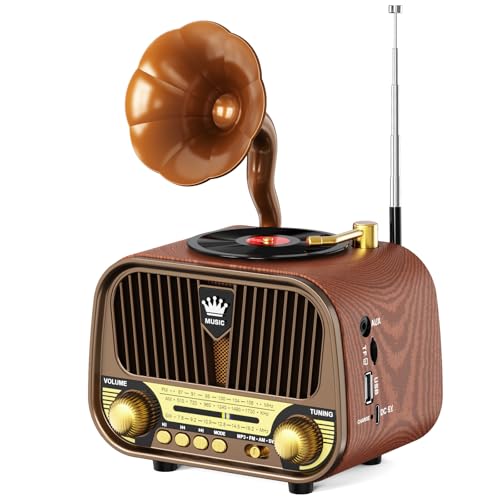 RUNUS J-190 FM/Am/SW Radio Vintage Retro, Radio Portatil Pequeña Recargable de 1800mAh, Transistor Radios Excelente Recepción, Altavoz de 5W Soporte Bluetooth 6.0, USB/TF/AUX, para Cocina, Salón...