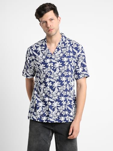 Image of Dennis Lingo Men's Rayon Blue Printed Relaxed Fit Cuban Collar Half Sleeve Casual Shirt