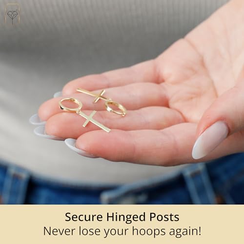 10k Yellow or White Gold Small Huggie Hoop Earrings for Women and Men with Dangle Cross and Hidden Notched Post by MAX + STONE3