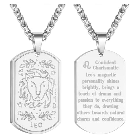 Zocomi Leo Zodiac Necklace for Men Dog Tag Constellation Sign Tarot Card Pendant Chain Astrology Horoscope Jewelry Birthday Gifts Him Age Silver Cover