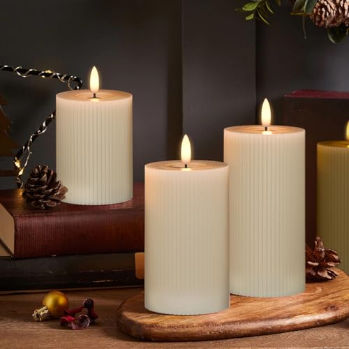 Image of Eldnacele Vertical Stripe Pillar Flameless Candles with 6 Hours Timer, Battery Operated 3D Wick Flickering Warm Lights Real Wax Gray LED Candles Dinner Indoor Holiday Christmas Decor(3Pcs,3 inchx5 inch /6 inch /7 inch)