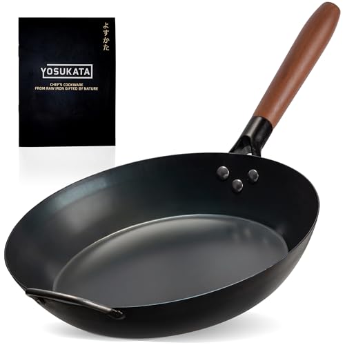 YOSUKATA Coating-Free Carbon Steel Pan - Durable 11.8 Inch Frying Pans for Cooking Healthy and Delicious Meals - Carbon Steel Skillet with Removable Heat-Resistant Wooden Handle