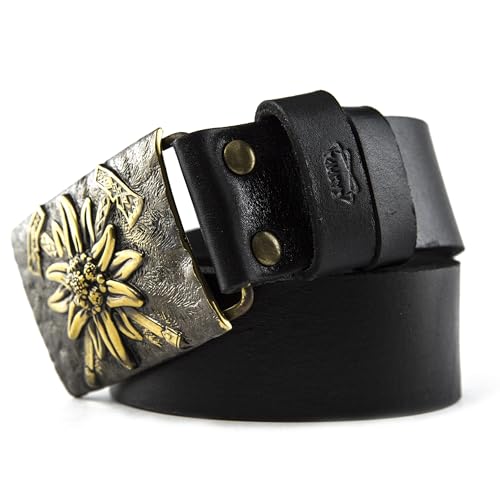 Leather belt with brass buckle Edelweiss, Handmade military Mountainous Infantry solid brass belt buckle with axes and mountain flower on leather belt2