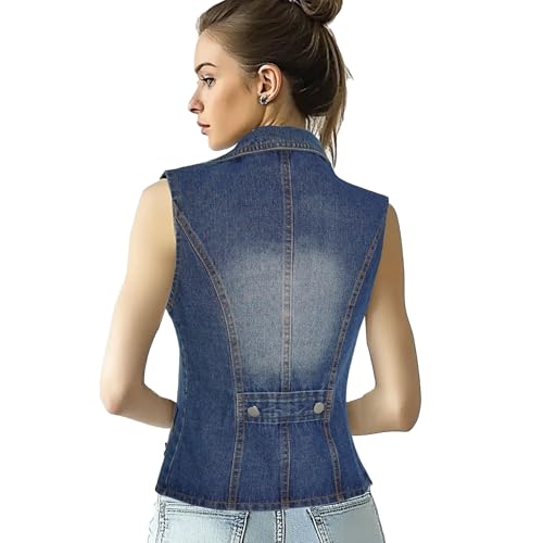 Oiefeen Women's Slim All-match Lapel Blue Denim Vest Jacket Vest4